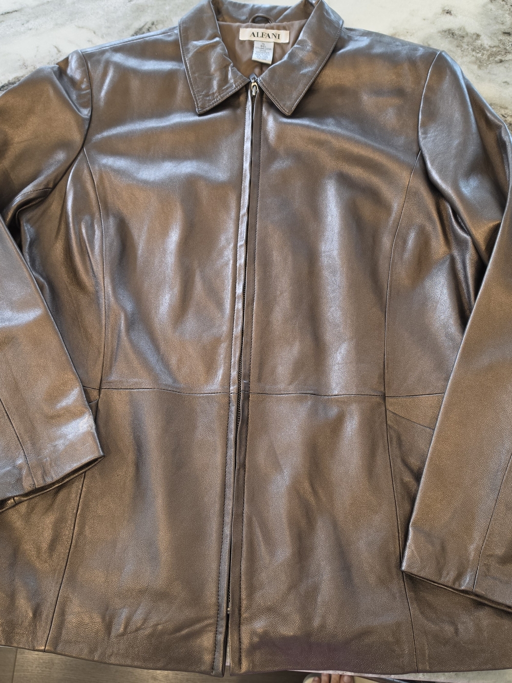Vintage Alfani Womens Bronze Leather Zip-Front Jacket